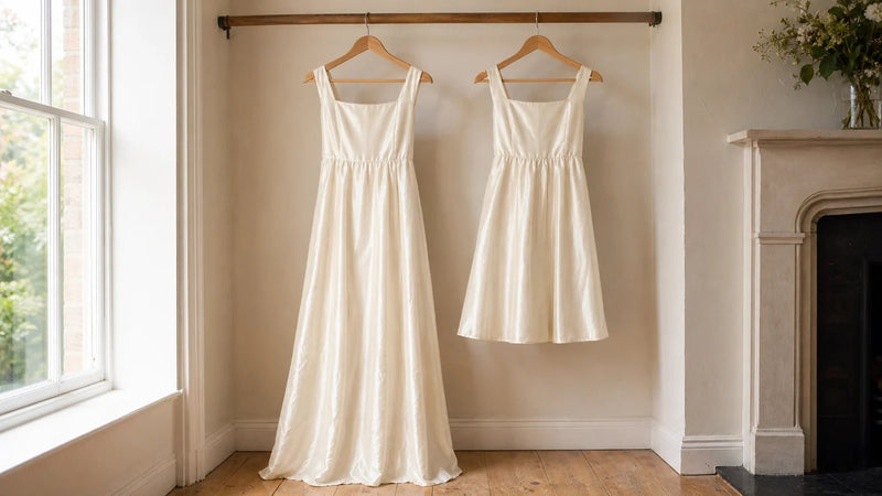 Two ivory silk dresses on a wooden rail by a window: a long gown and a shorter dress